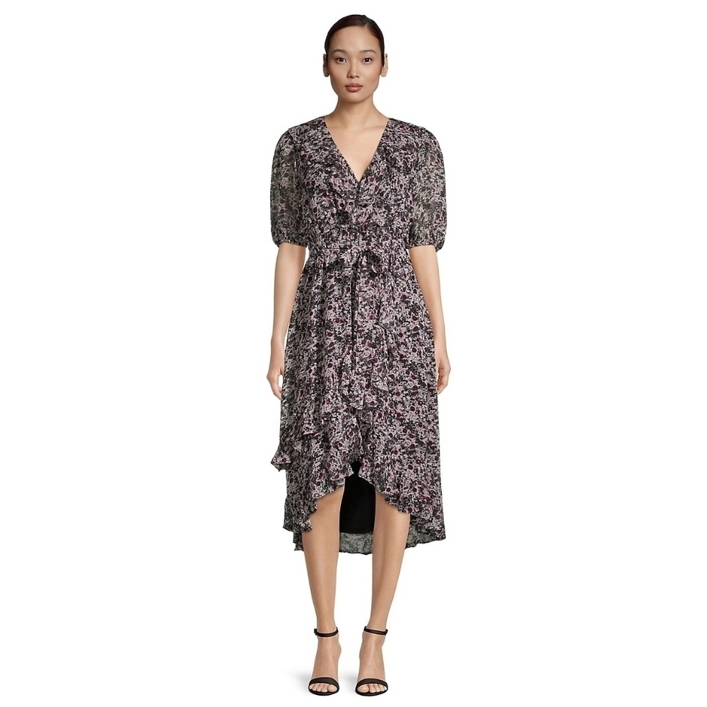 Gabby Skye  floral chiffon tied v-neck midi dress in size 10